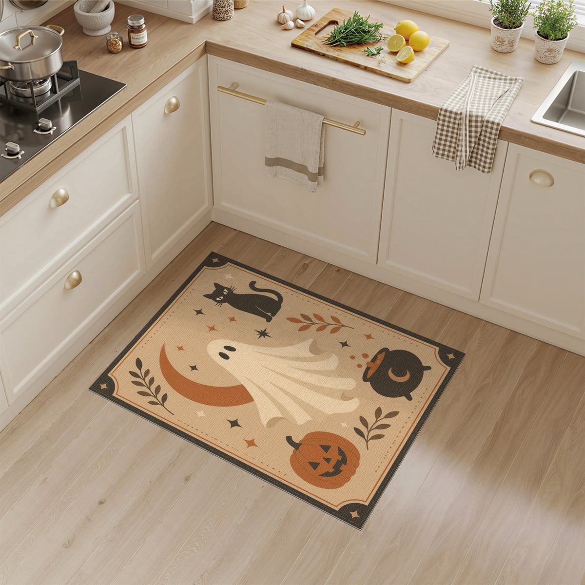 Halloween Ghost Cat Beige Area Rug