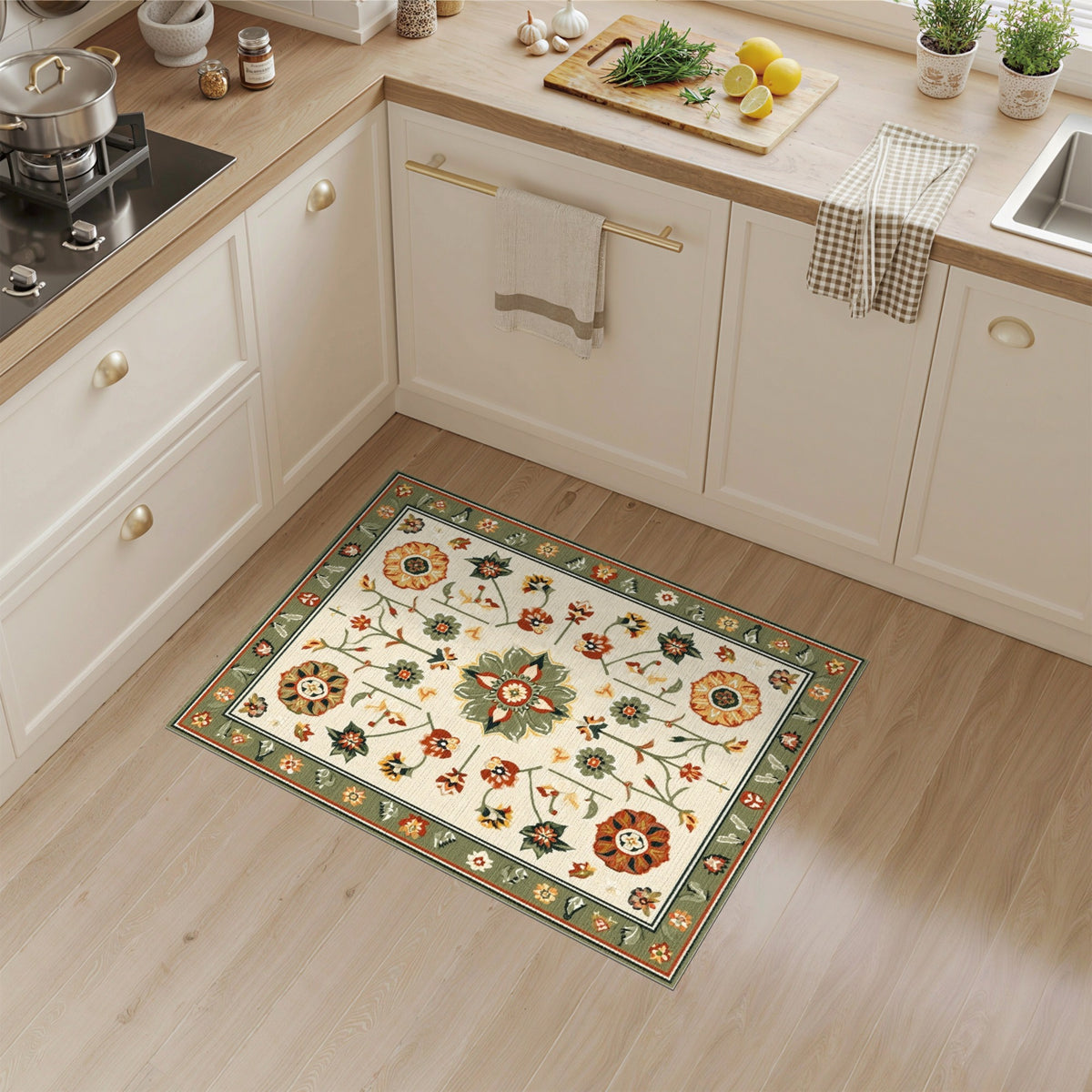 Green Sage Green Vintage Floral Area Rug