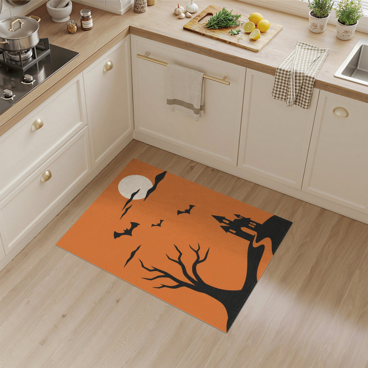 Halloween Castle Bats Orange Area Rug