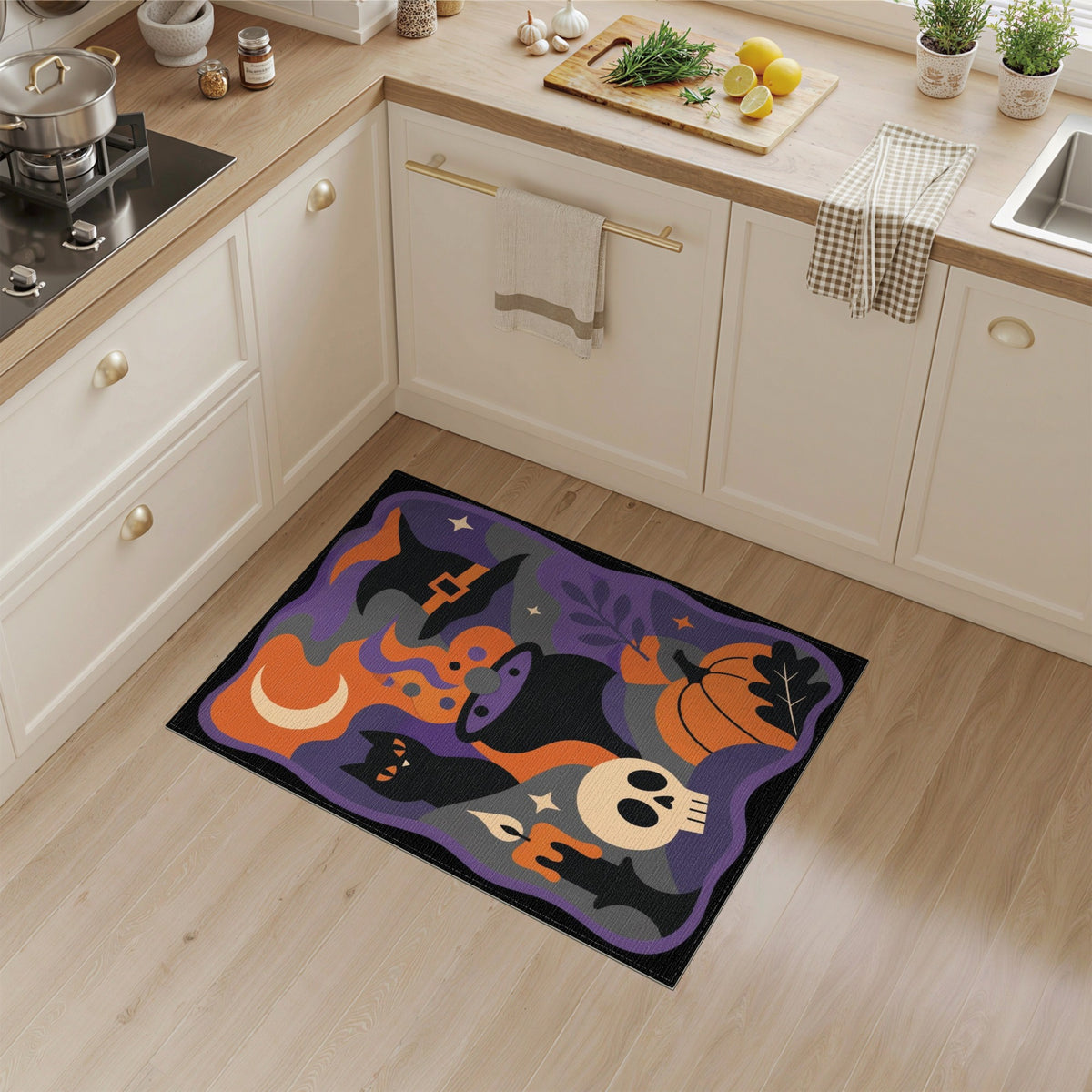 Halloween Witch Cauldron Black Cat Area Rug
