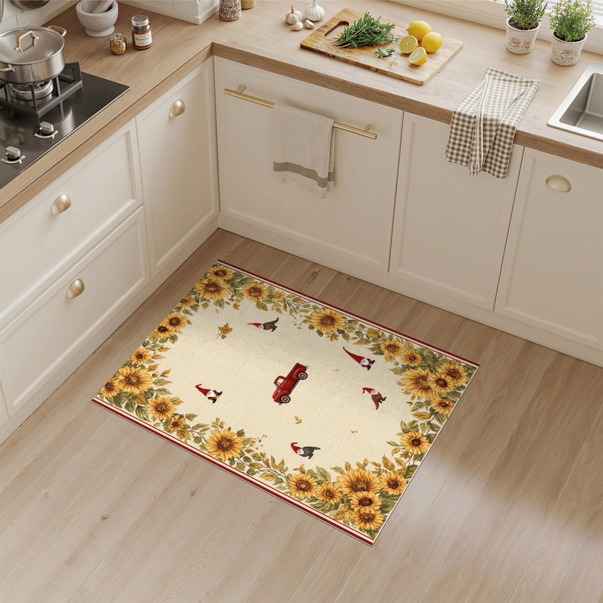 Sunflower Gnome Red Truck Beige Area Rug