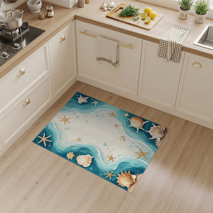 Blue Teal Coastal Seashell Starfish Area Rug