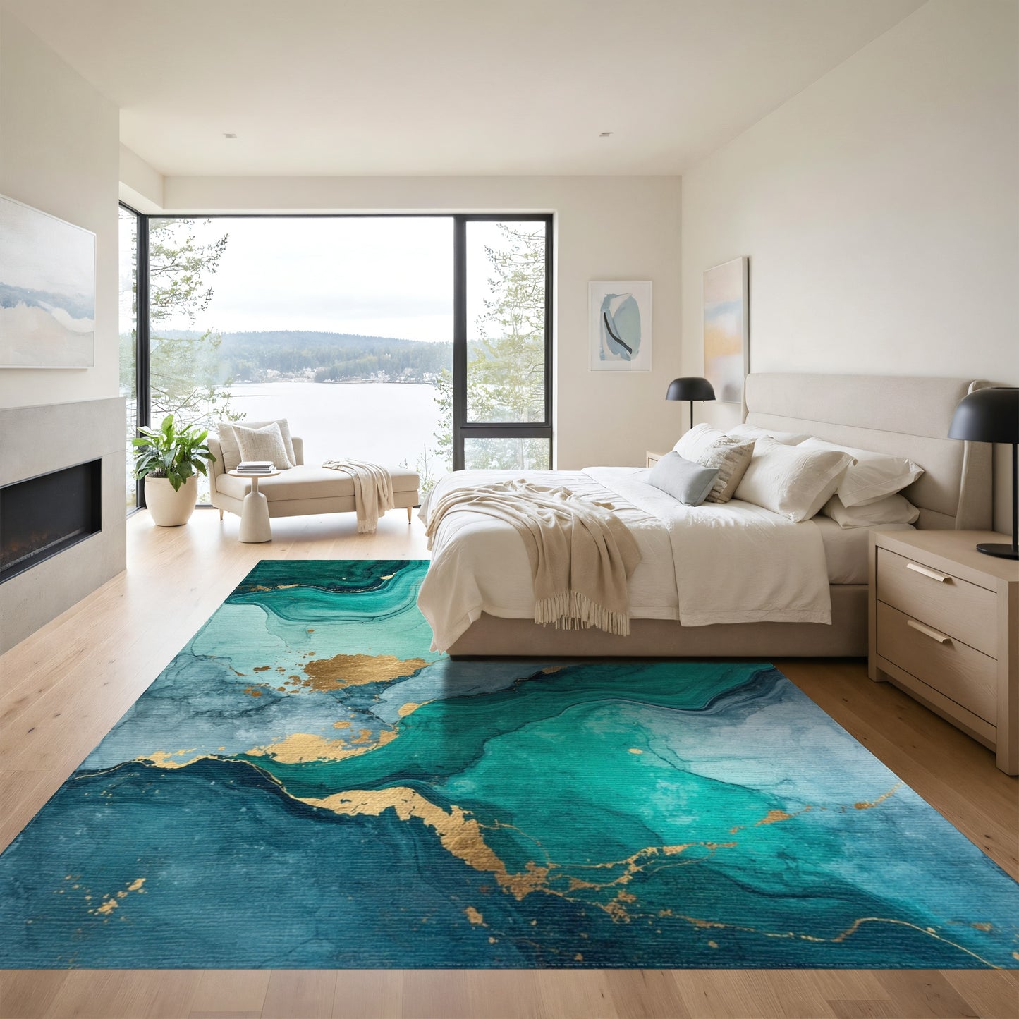 Emerald Teal Gold Fluid Marble Rug