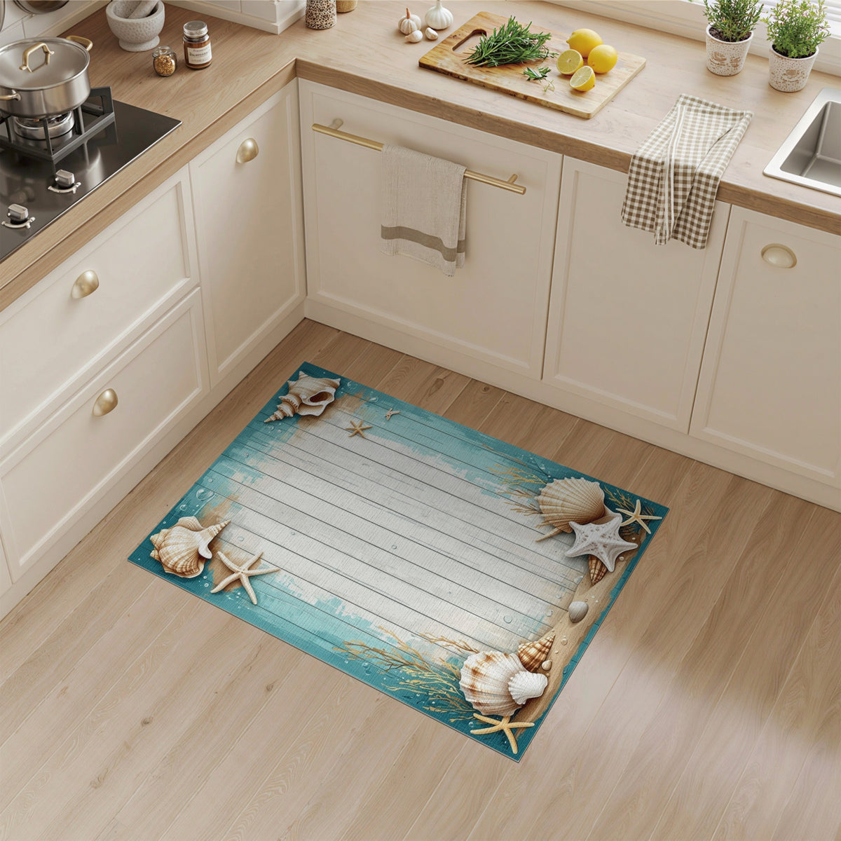 Coastal Beach Seashell Starfish Blue Teal Area Rug