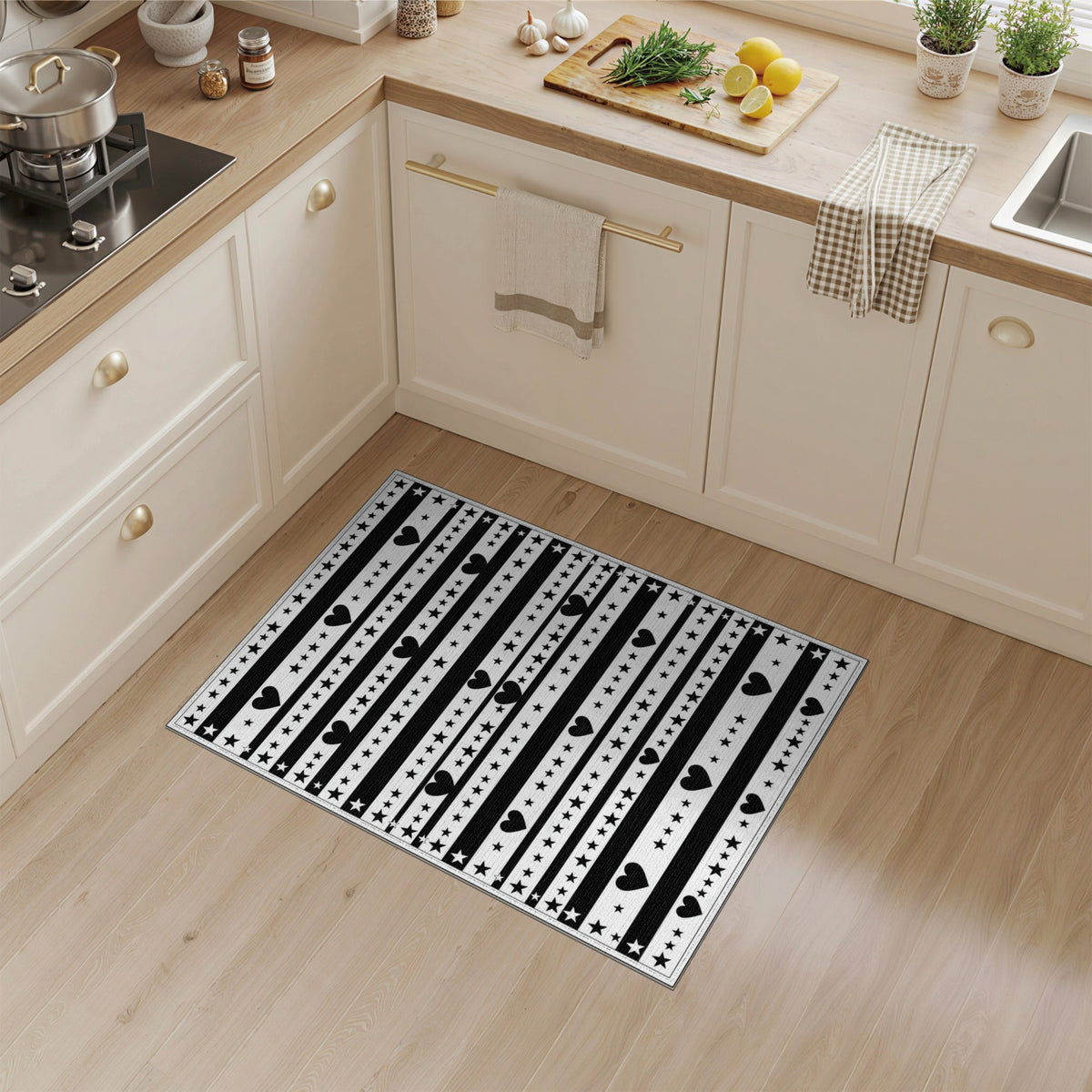 Black White Heart Star Striped Area Rug