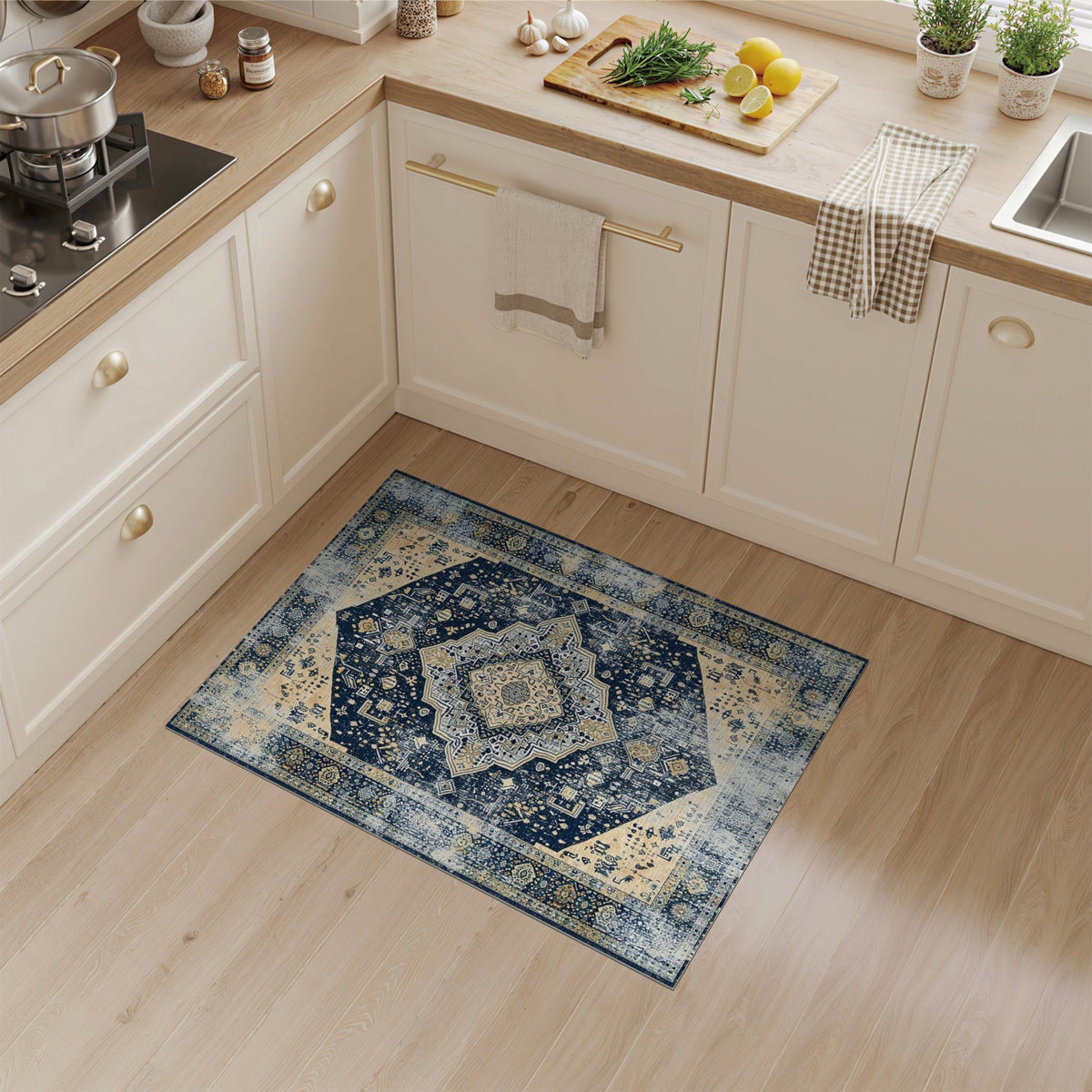 Navy Blue Distressed Vintage Medallion Rug