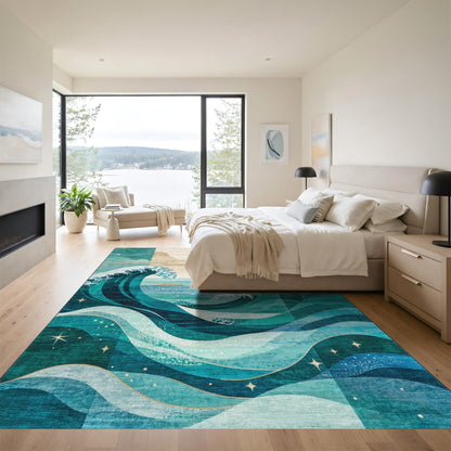 Teal Waves Starry Seascape Rug