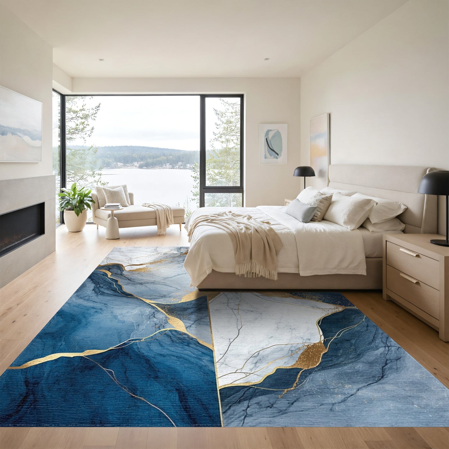 Navy White Gold Veined Marble Rug