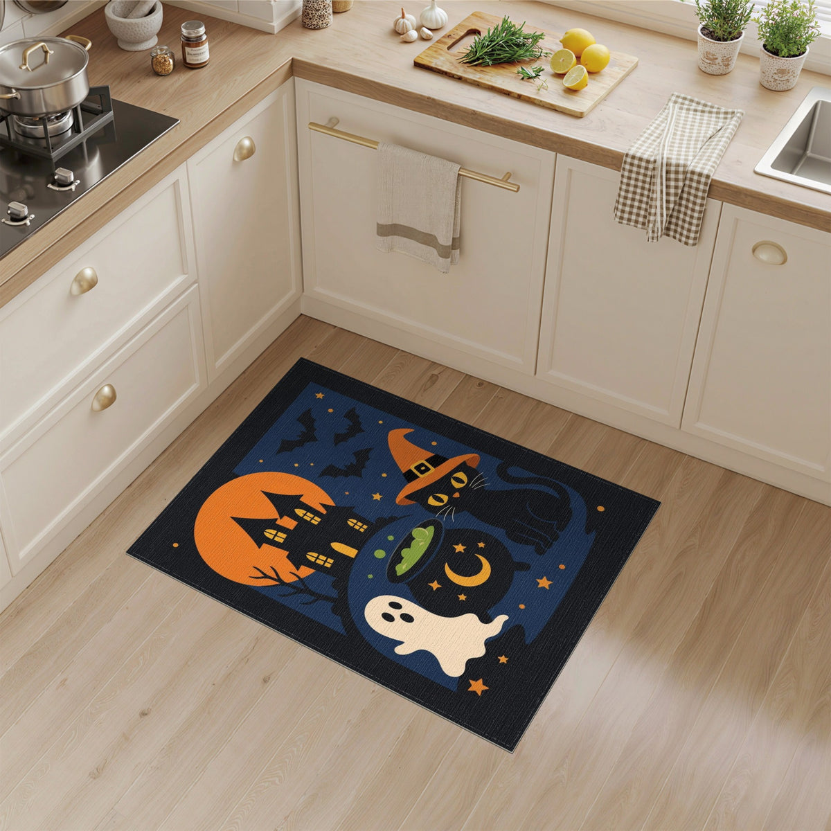 Spooky Halloween Witch Cat Area Rug