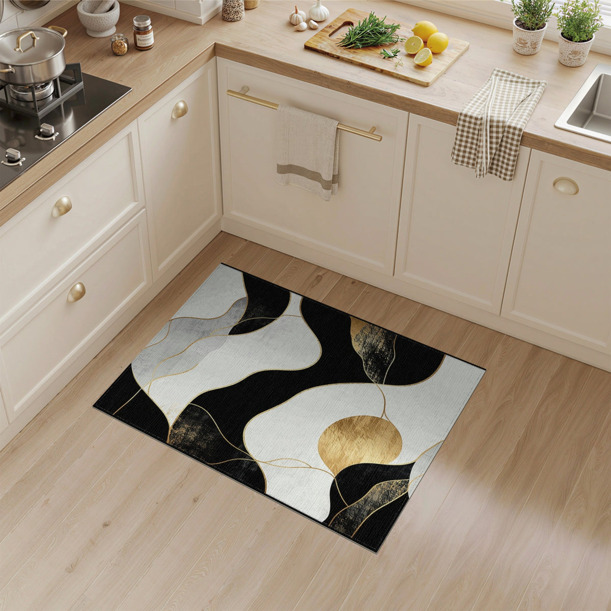 Black White Abstract Gold Wave Area Rug