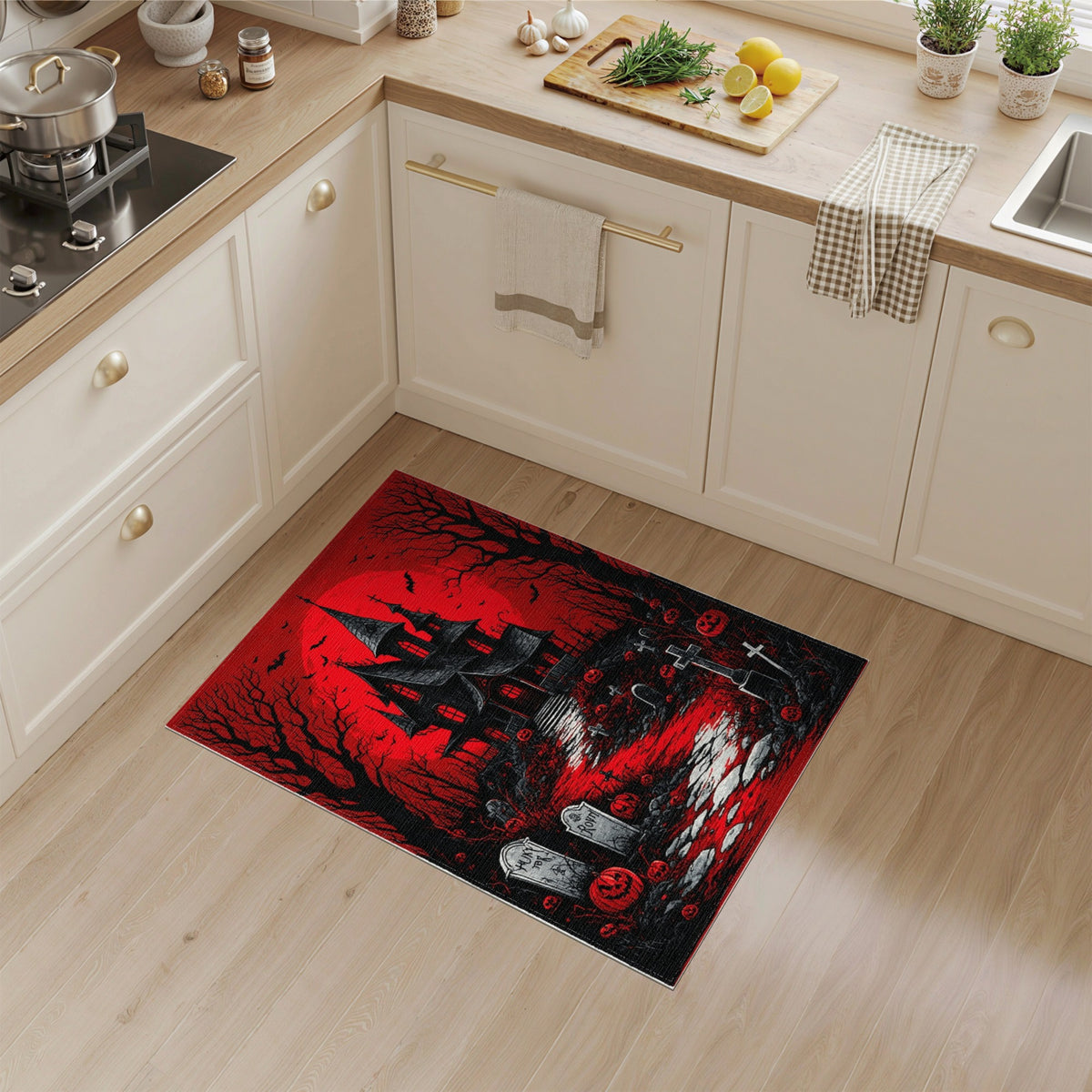 Red Haunted Mansion Halloween Area Rug