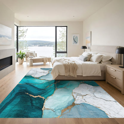 Teal Marble Gold Vein Rug