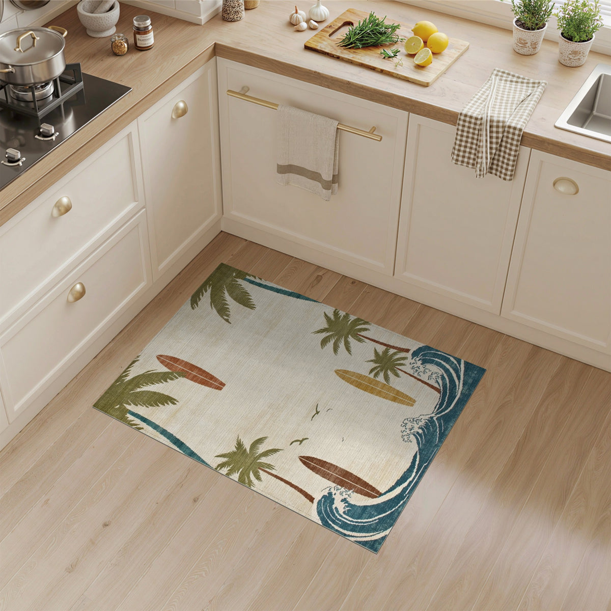 Coastal Beach Palm Tree Surfboard Beige Area Rug