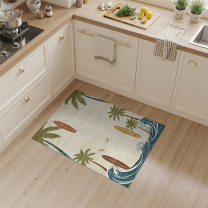 Coastal Beach Palm Tree Surfboard Beige Area Rug