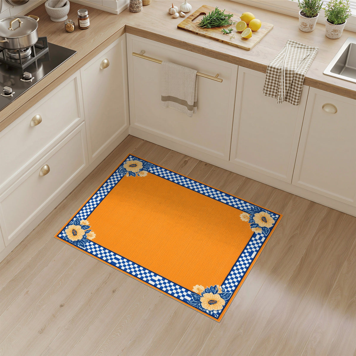 Orange Floral Checkered Area Rug
