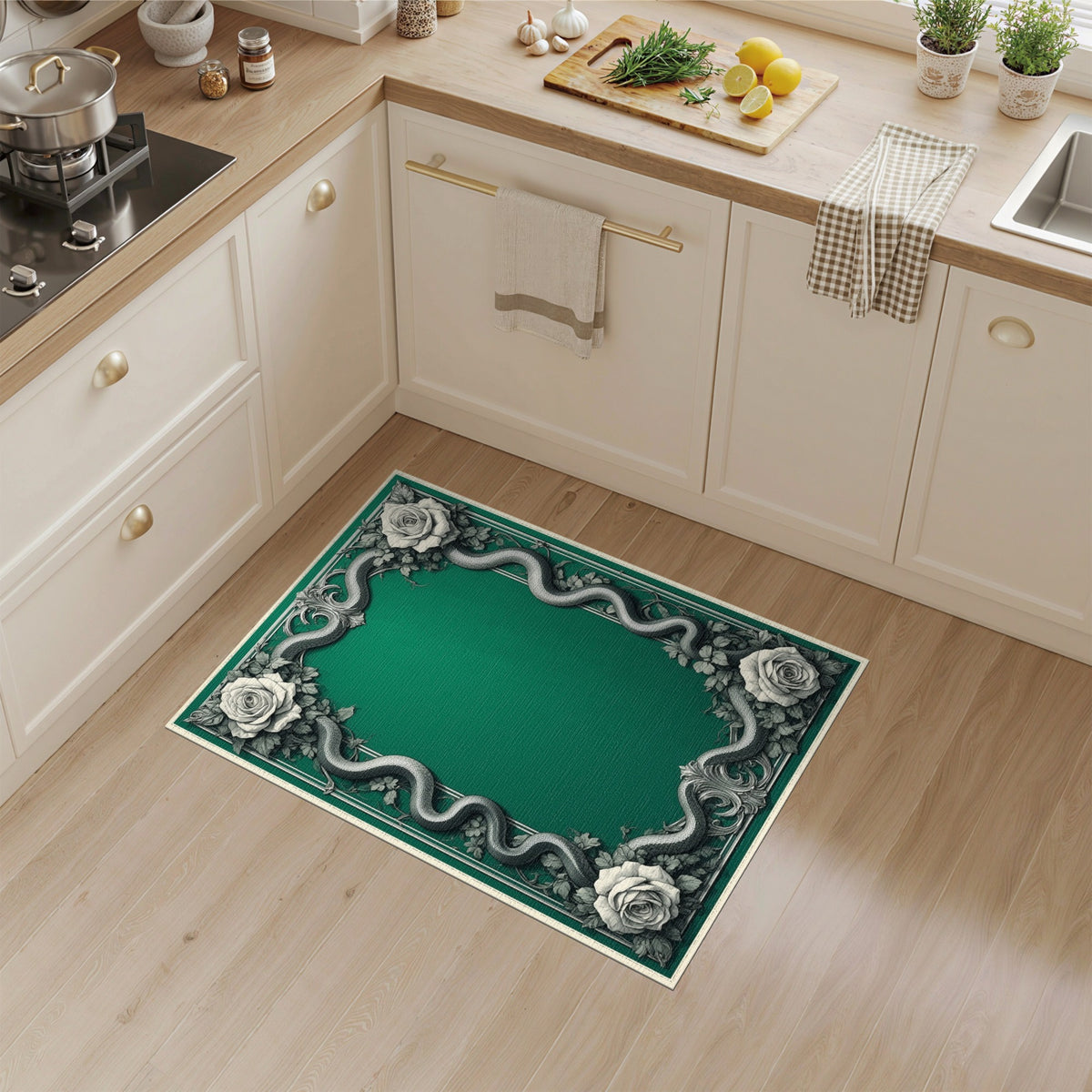 Emerald Green Serpent Rose Vintage Area Rug