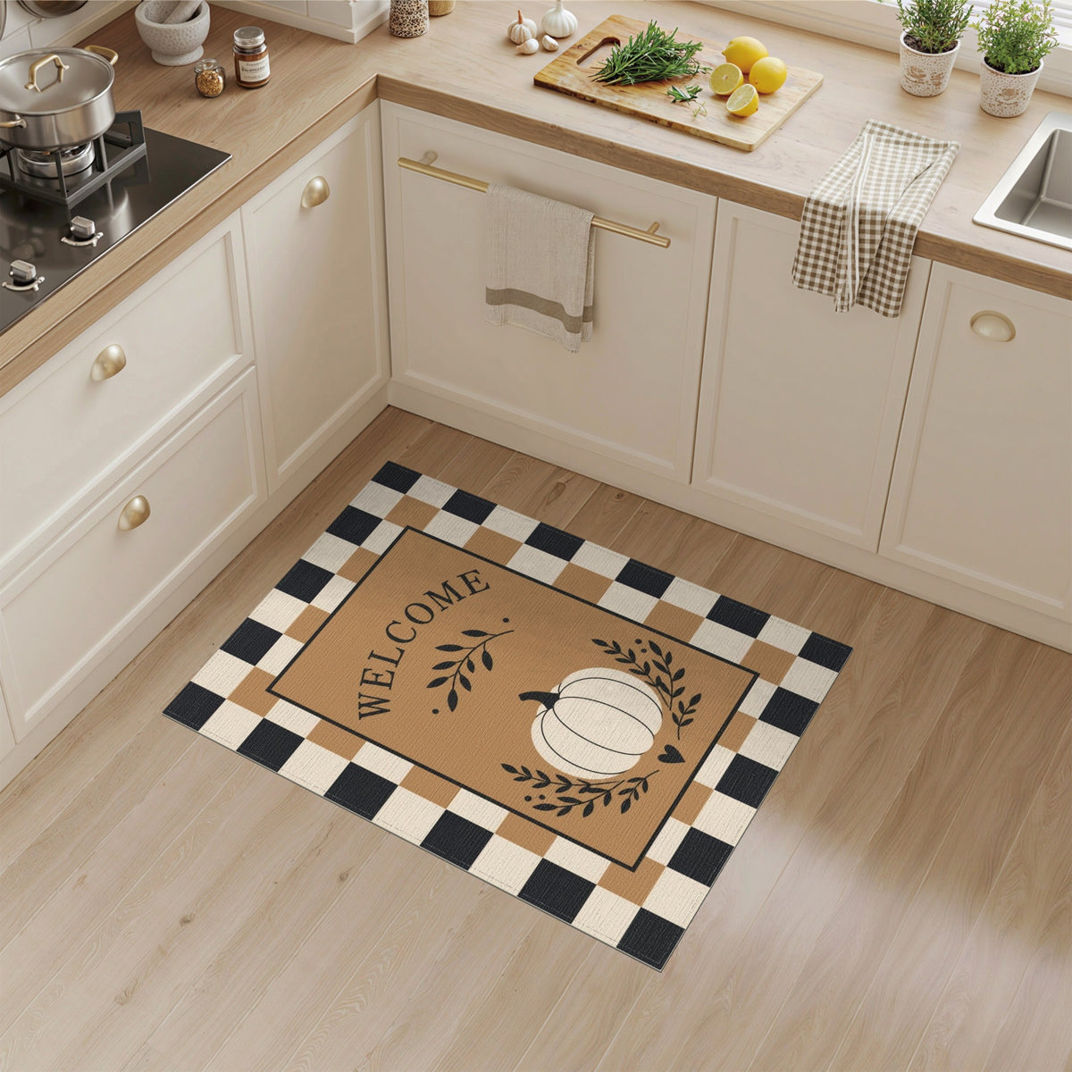 Pumpkin Welcome Checkered Brown Area Rug