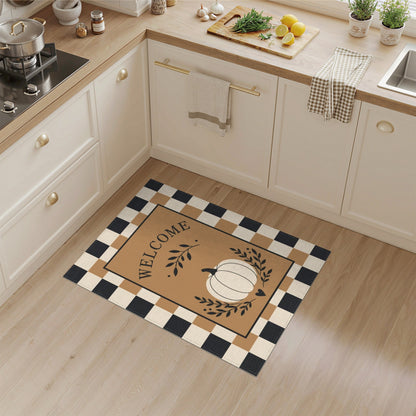 Pumpkin Welcome Checkered Brown Area Rug