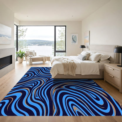 Navy Gold Wavy Swirl Rug