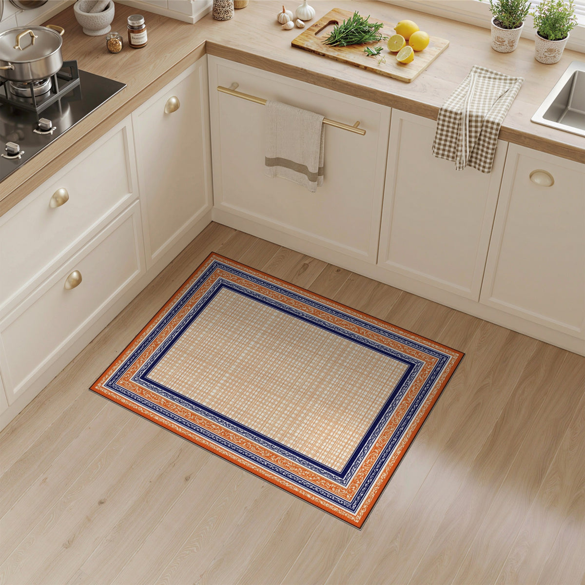 Orange Scroll Border Geometric Area Rug