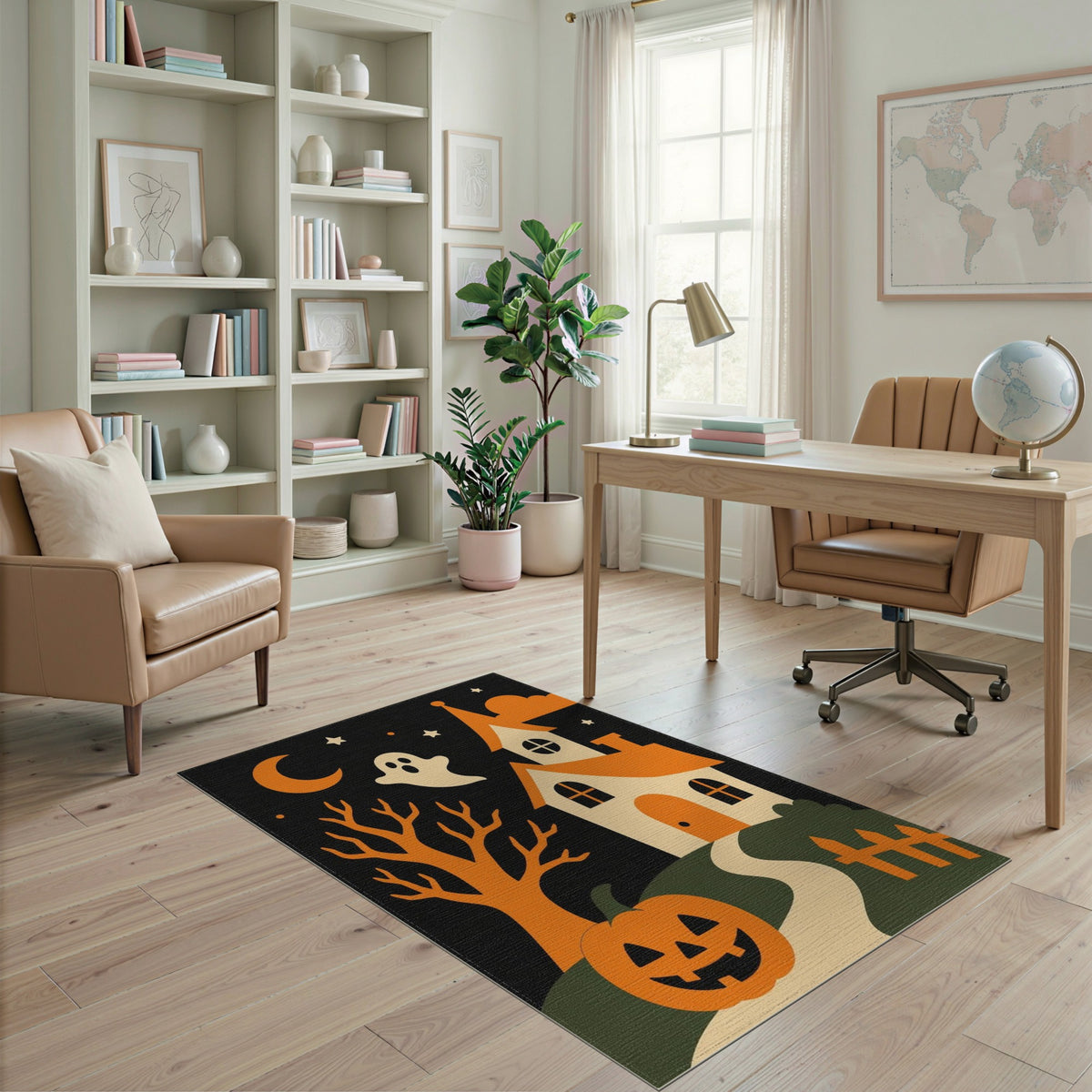 Halloween Haunted House Orange Kids Rug