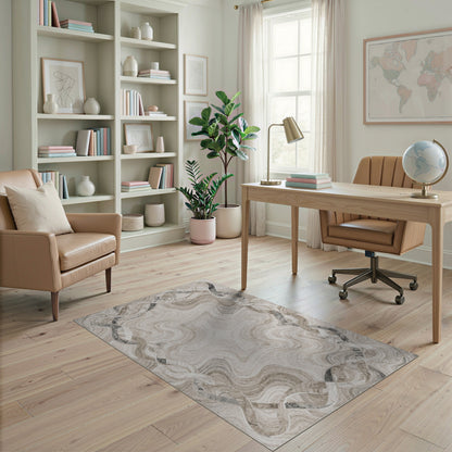 Beige Marble Swirl Wave Border Area Rug