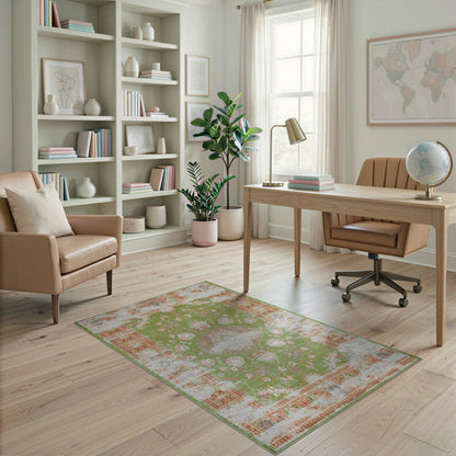 Green Floral Distressed Vintage Area Rug