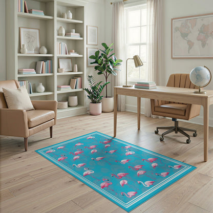 Pink Flamingo Blue Coastal Area Rug
