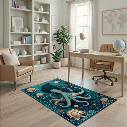 Coastal Beach Blue Octopus Coastal Area Rug