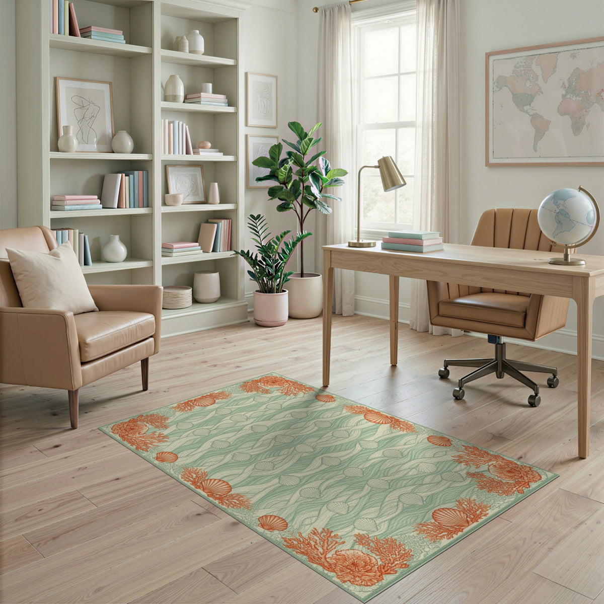 Teal Coastal Seashell Coral Area Rug