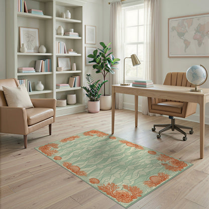 Teal Coastal Seashell Coral Area Rug