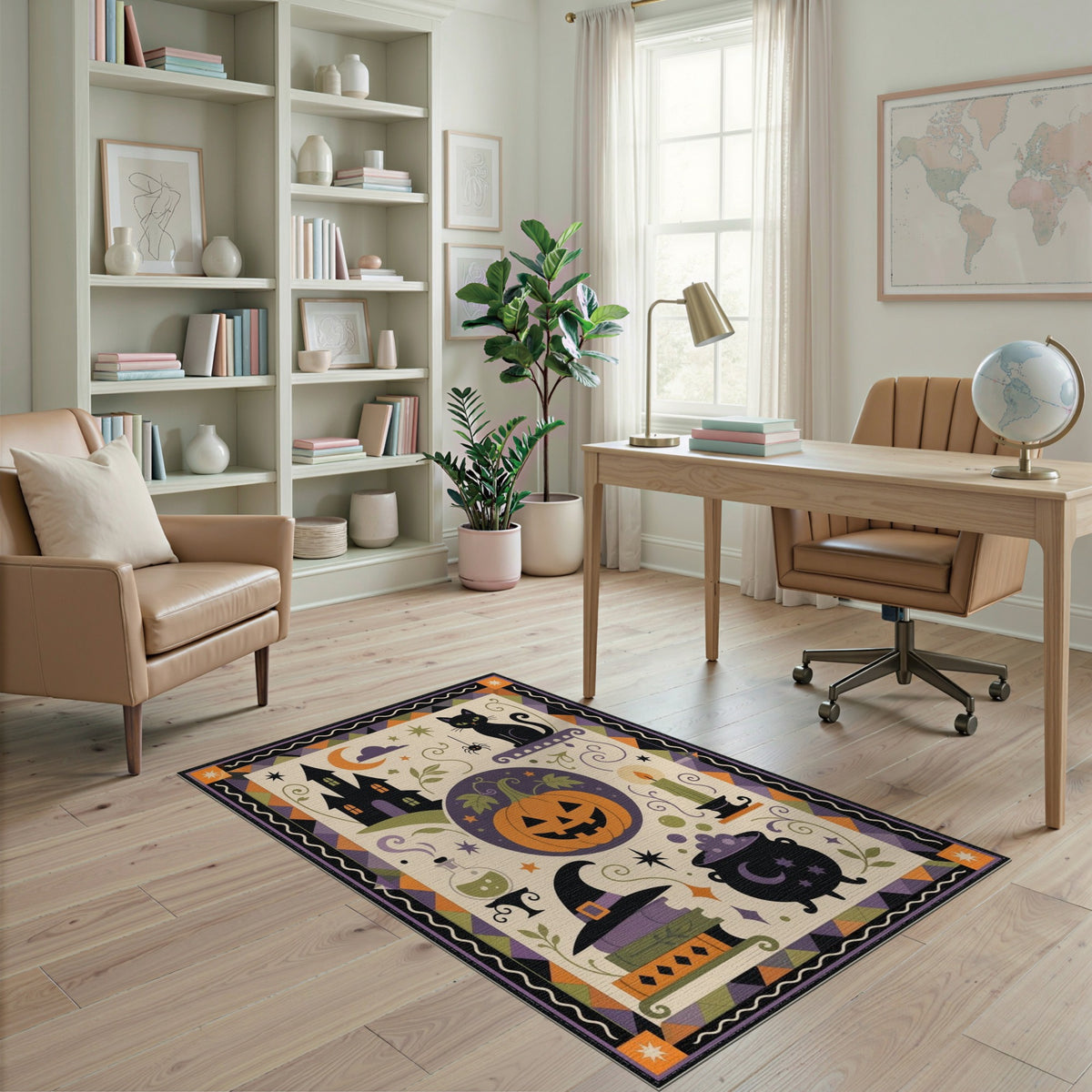 Halloween Multi-color and Patterns Halloween Black Cat Pumpkin Area Rug