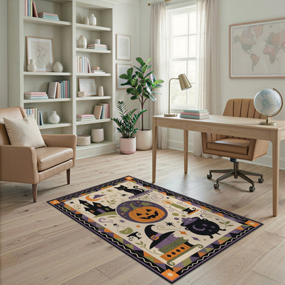 Halloween Multi-color and Patterns Halloween Black Cat Pumpkin Area Rug