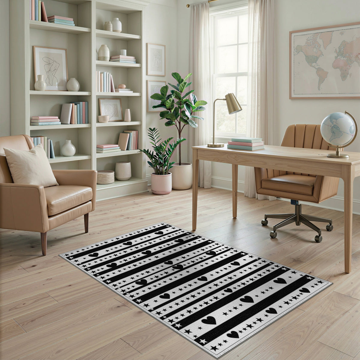 Black White Heart Star Striped Area Rug