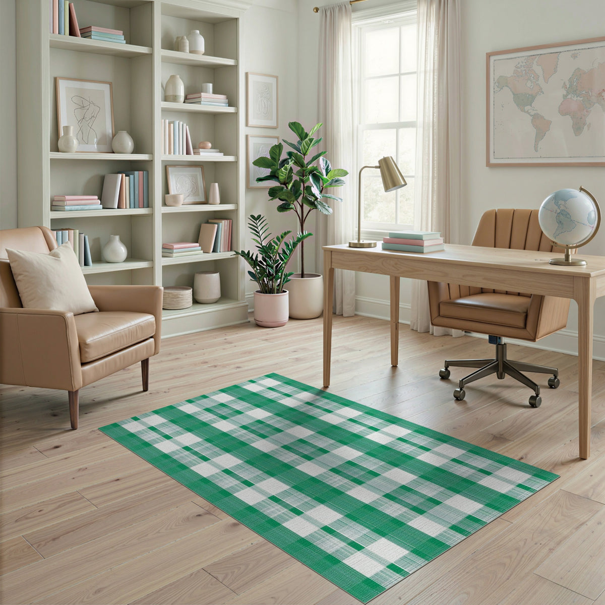 Green Checkered Washable Green Area Rug