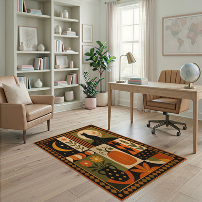 Multi-color and Patterns Black Cat Pumpkin Geometric Area Rug