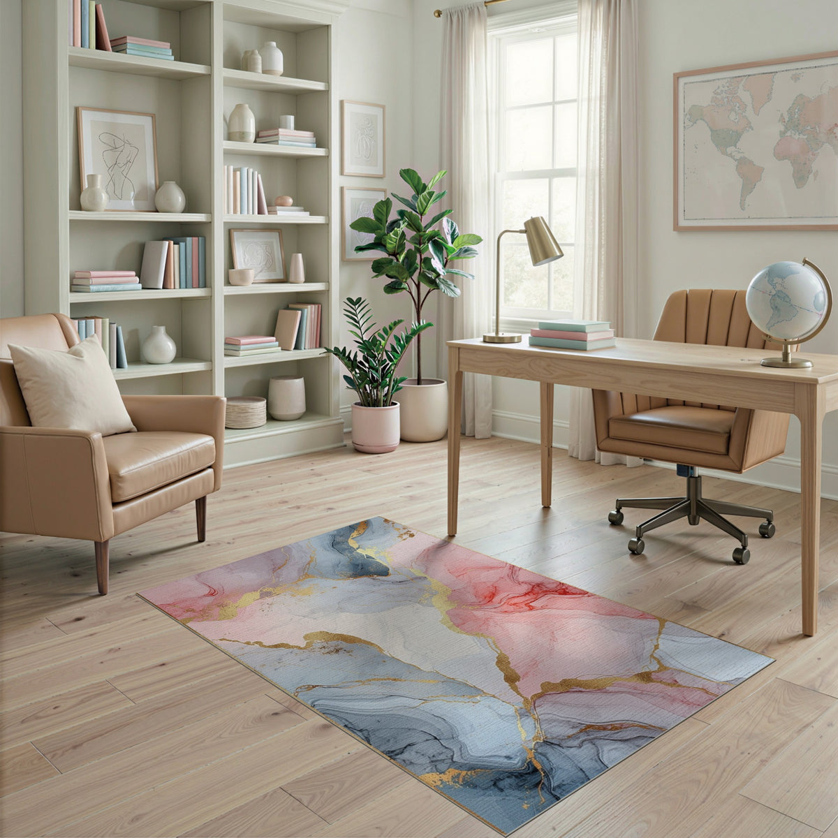 Pink Blue Marble Gold Abstract Area Rug