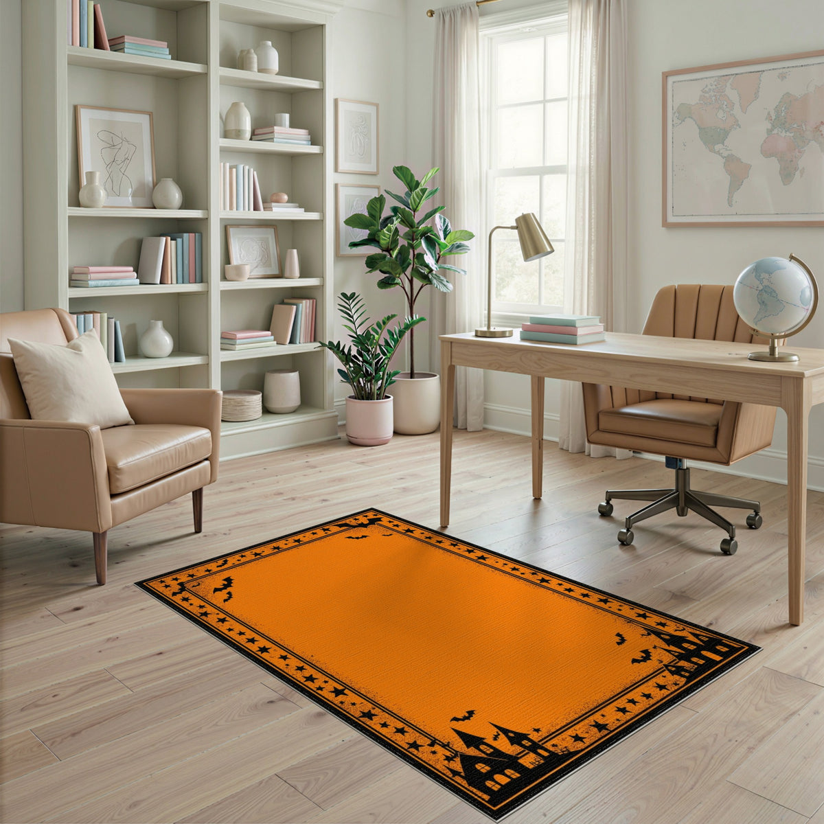 Orange Halloween Area Rug with Bats and Haunted Houses