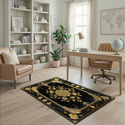 Black and Gold Floral Medallion Rug