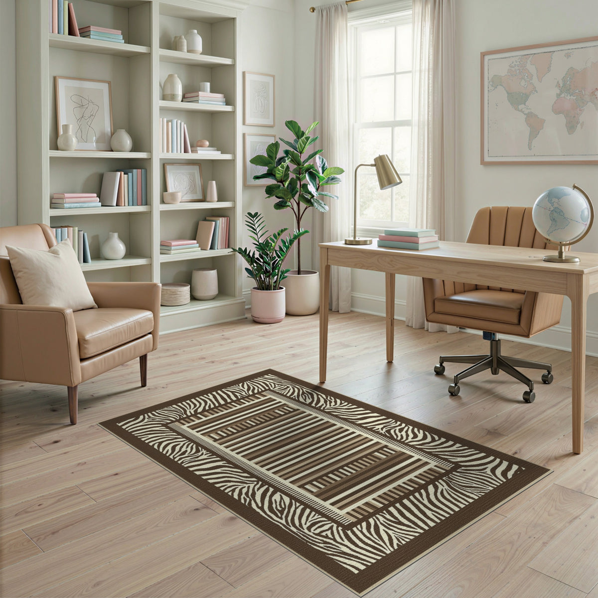 Brown Zebra Border Geometric Striped Area Rug