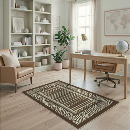 Brown Zebra Border Geometric Striped Area Rug