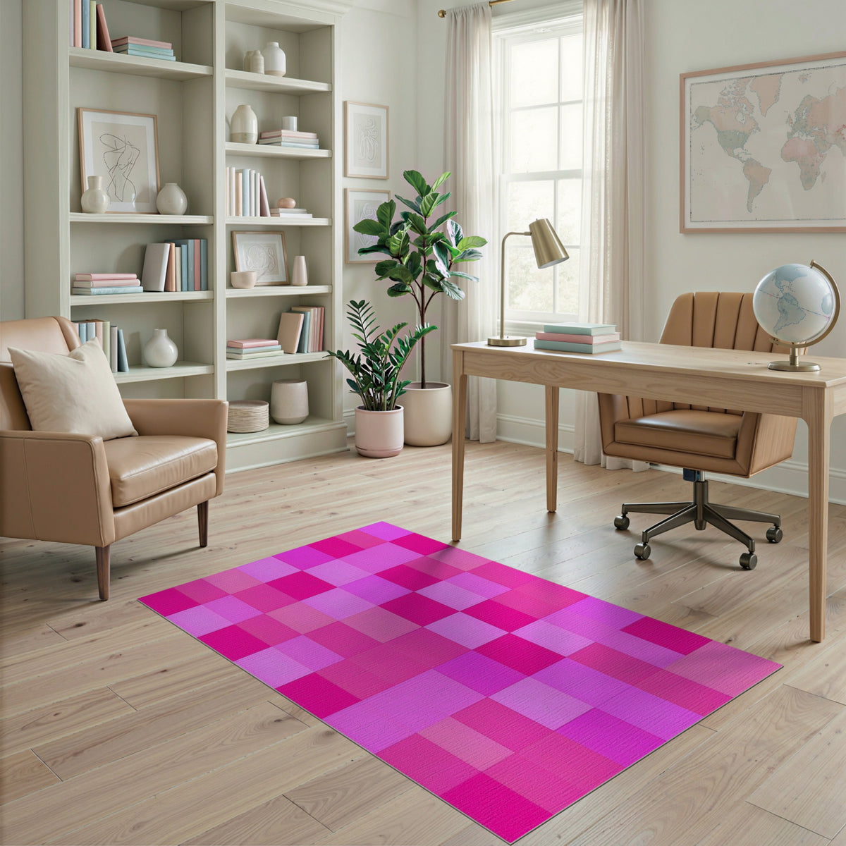 Pink Vibrant Pink Checkered Geometric Area Rug