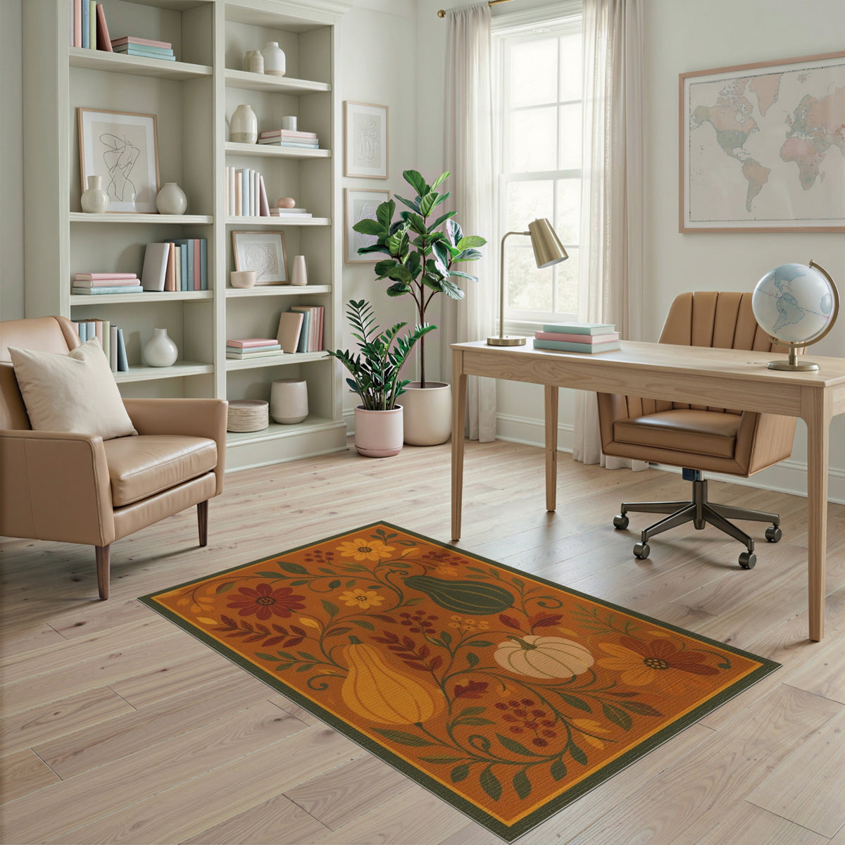 Orange Autumn Pumpkin Floral Area Rug