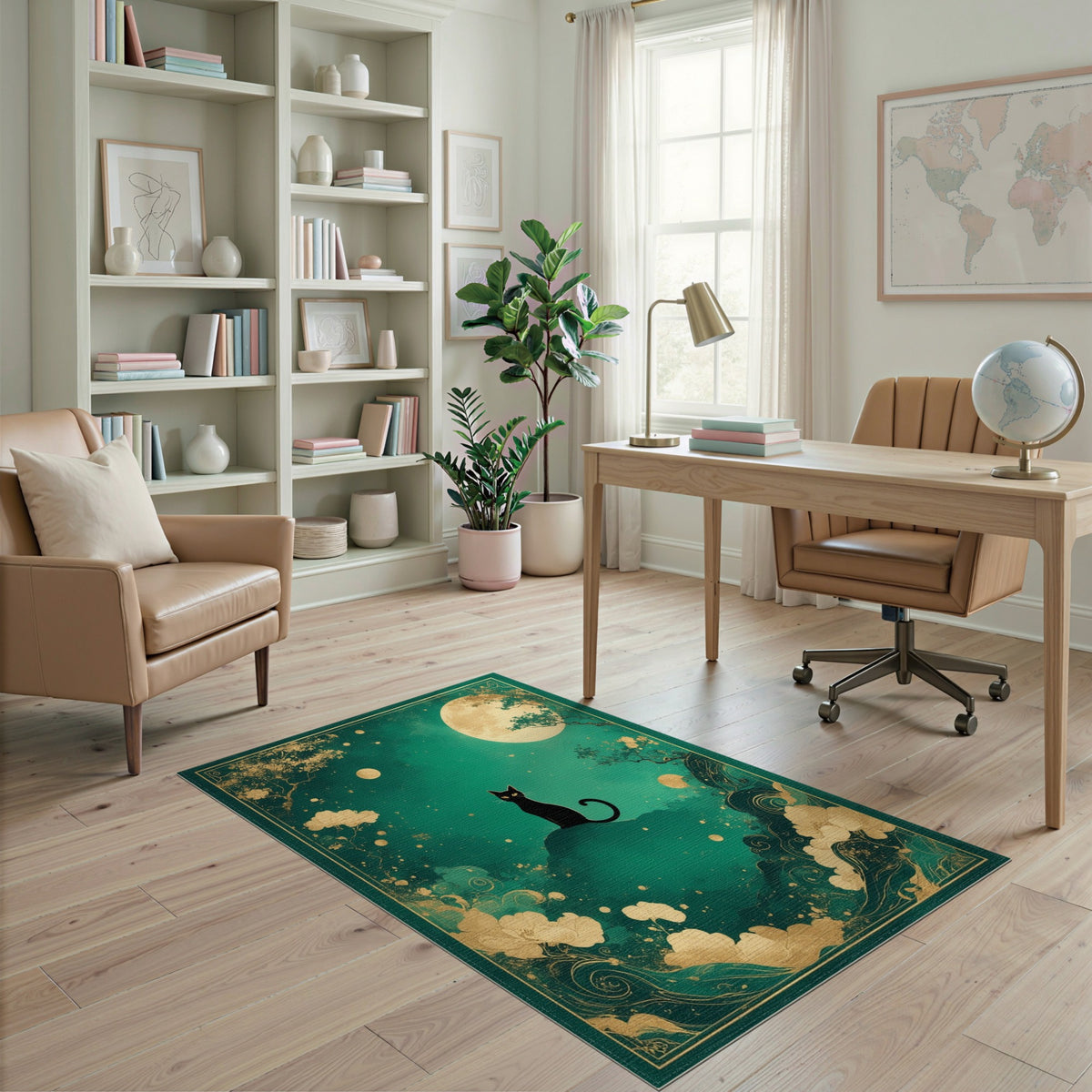 Black Cat Moon Teal Area Rug