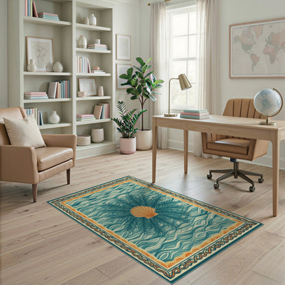 Blue and Teal Coastal Seashell Wave Area Rug