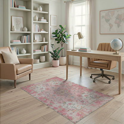Pink Floral Vintage Washable No. 68 Area Rug