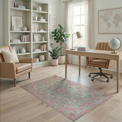 Mint Green Pink Floral Vintage Area Rug