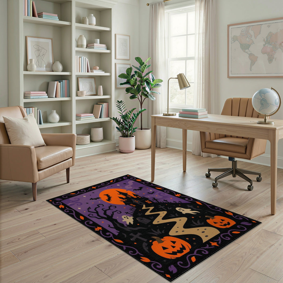 Spooky Halloween Haunted House Purple Area Rug