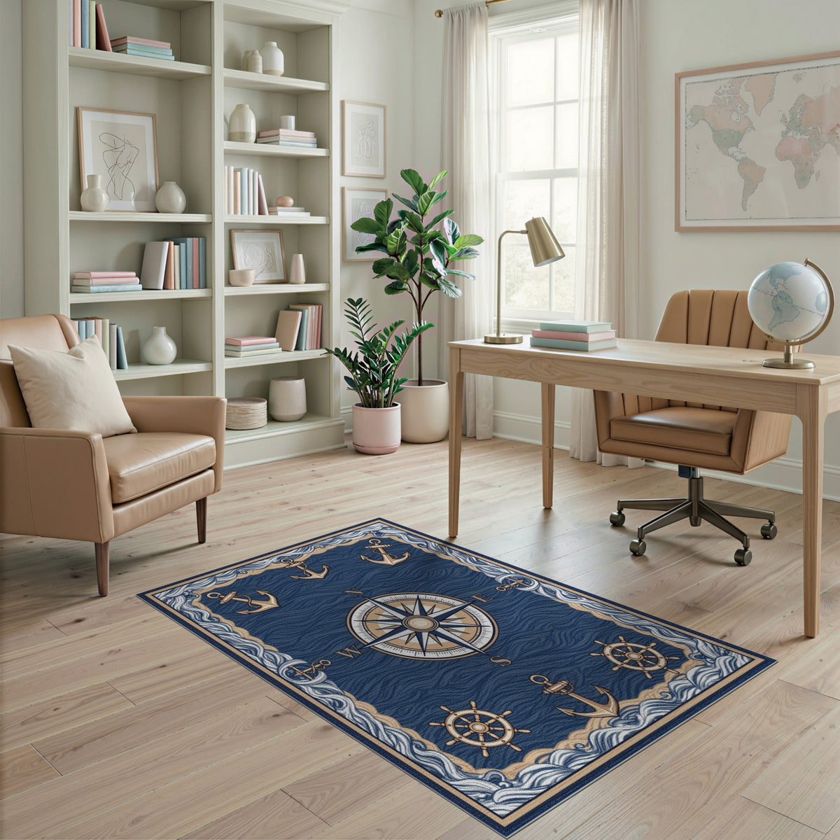 Coastal Beach Blue Nautical Compass Anchor Area Rug
