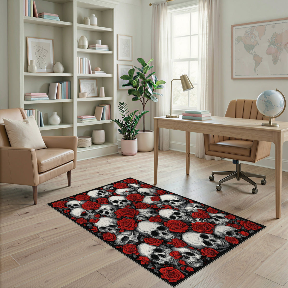 Skull and Red Rose Black Area Rug